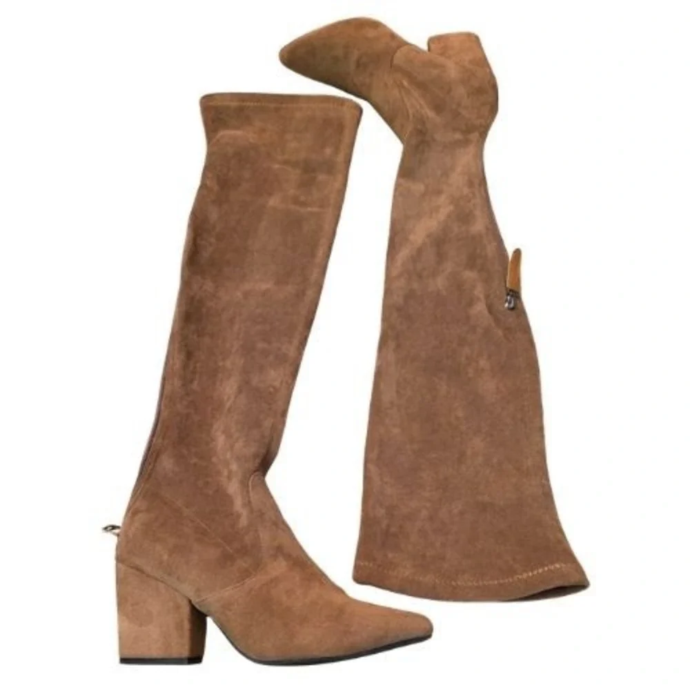 Womens Sz 40 Brown Faux Suede Over The Knee Block Heel Pointed Toe Zip Boots